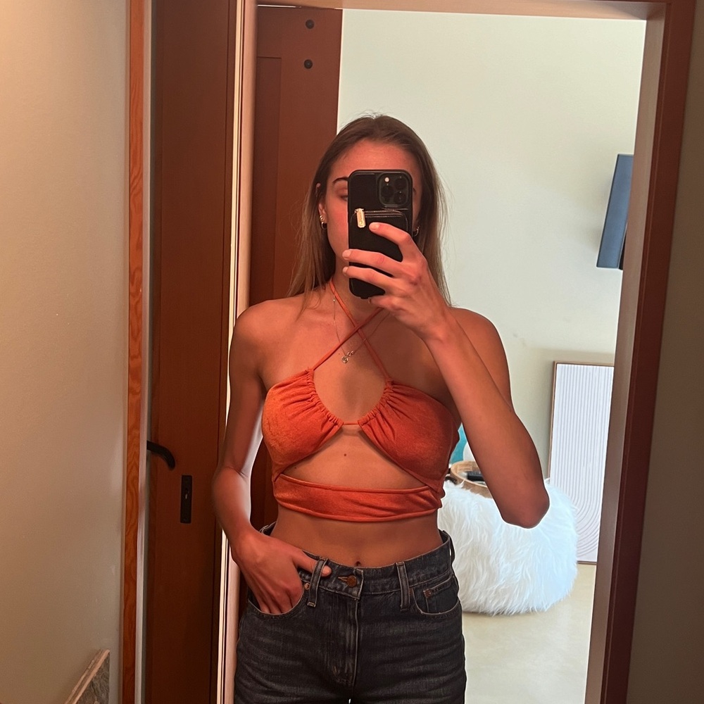 Orange crop top with cut out and ties from White Fox